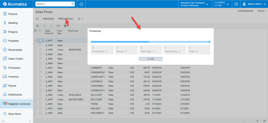 Sales Prices Processing screen